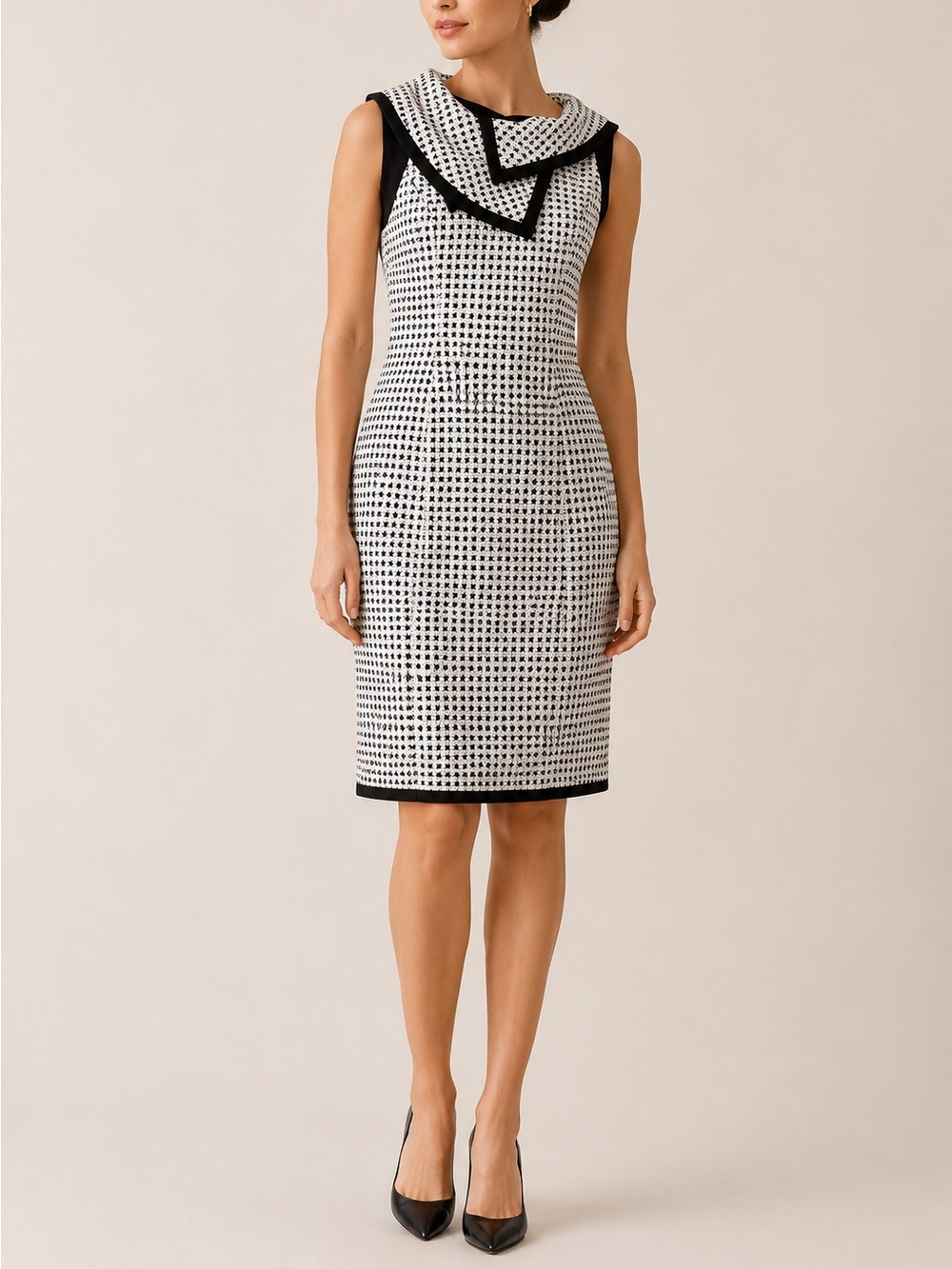 Joseph Ribkoff Black White Audrey Check Sleeveless Collared Classic Sheath Dress